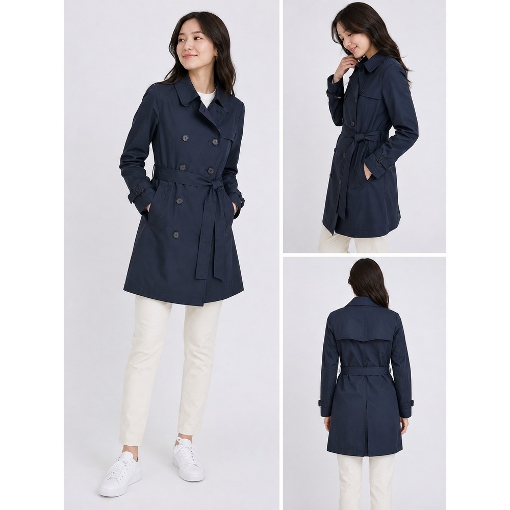 Uniqlo Navy Blue Double Breasted Trench Coat Women XS Belted Outerwear